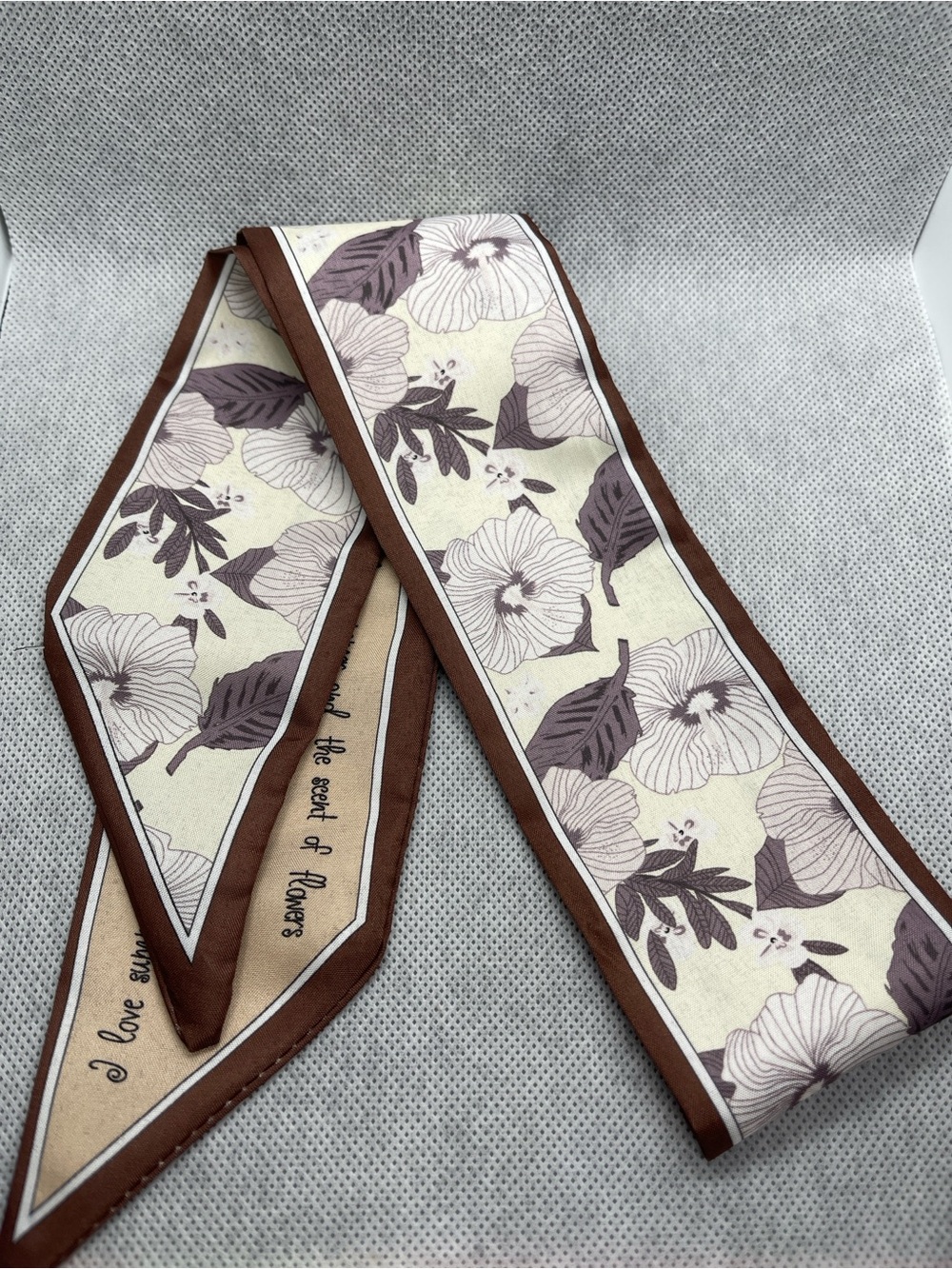 Floral Printed Scarf Ribbon in Cream and Brown